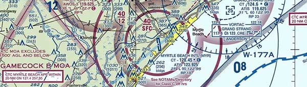 The Class C airspace for KMYR (Myrtle Beach International Airport) is contained within the solid magenta lines. The altitudes covered by the airspace are depicted in the same fashion as that for Class B airspace.